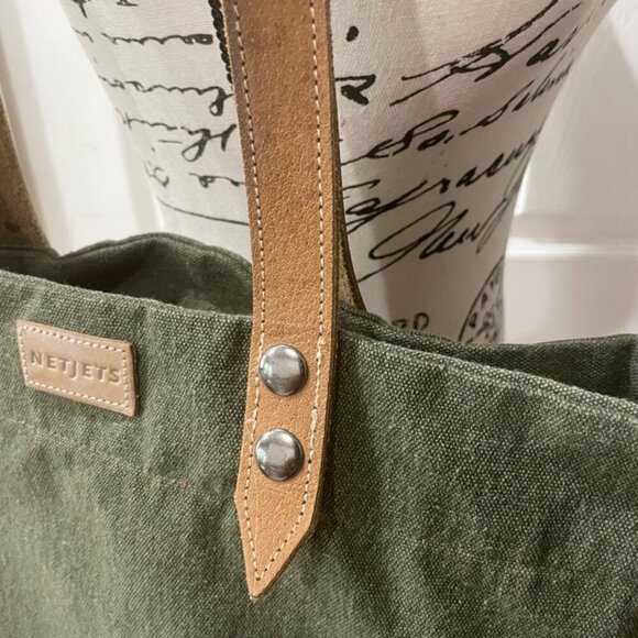 NETJETS OLIVE GREEN TOTE BAG BOHO CANVAS LEATHER TRAVEL CARAVAN MILITARY - Picture 11 of 16